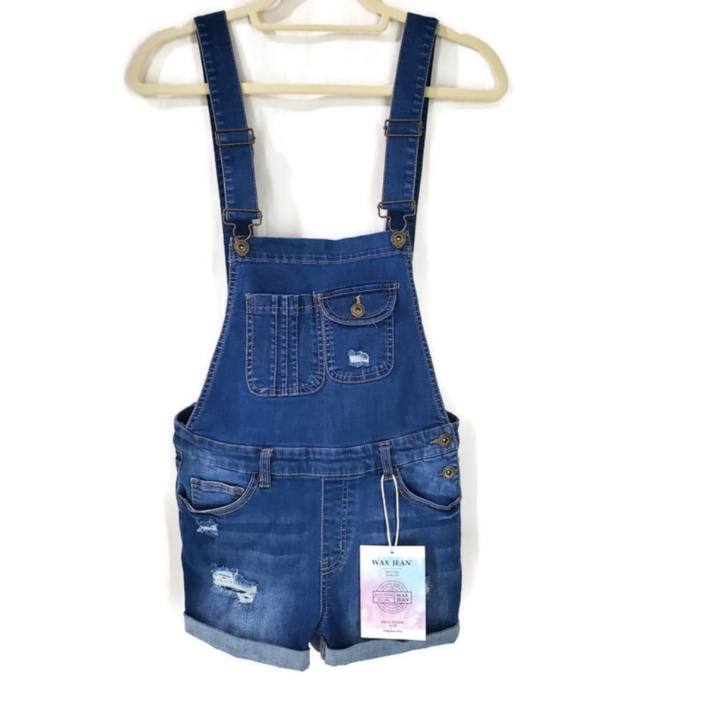 NWT Wax Jean Distressed Overall Cuffed Shorts Shortalls Size Small Blue Denim